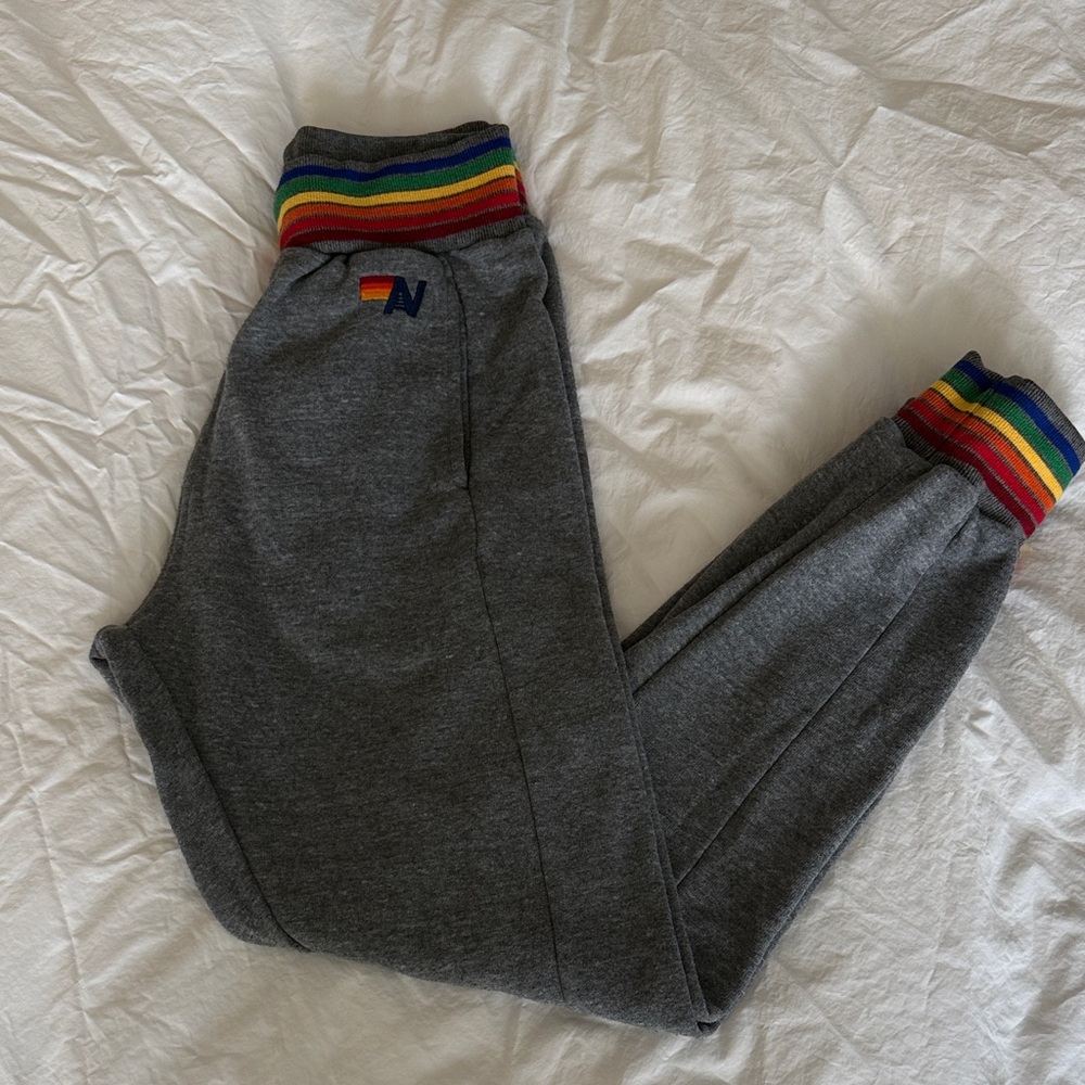 Avaitor Nation grey jogger, size S. Rainbow banded cuffs and waistband. EUC
